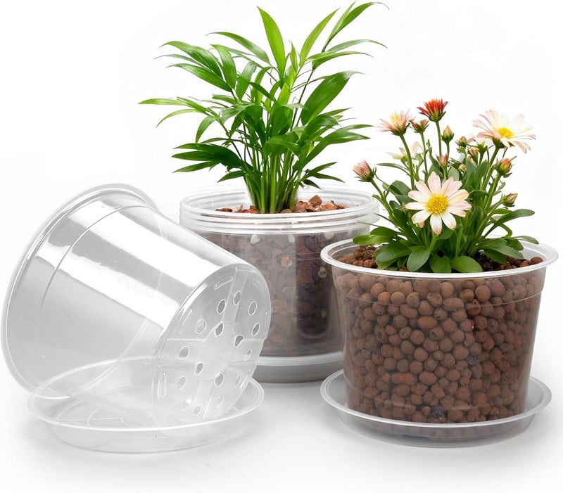RAOOKIF 8 Inch Nursery Pots with Saucers, 6 Pack Clear Nursery Pots with Drainage Hole for Indoor Outdoor, Plastic Clear Pots for Plants for Flowers, Succulents, Small Herbs - Image 1
